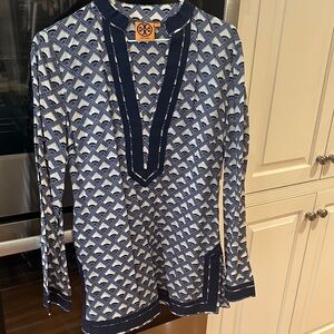 Tory Burch Blue and White Geometric Top